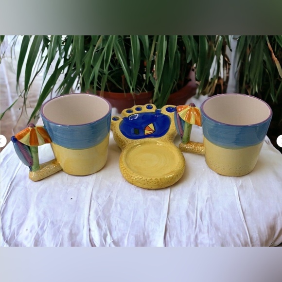 Coffee Tea Mug Set(2) Florida Beaches Hang Ten Saucer Ceramic Hand Painted - Picture 2 of 4